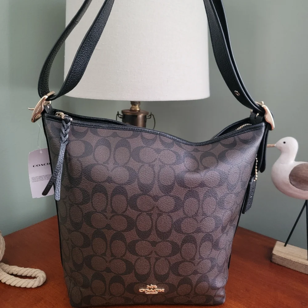 Coach C2819 Val Duffle Signature Brown Black Coated Canvas Shoulder Bag NWT